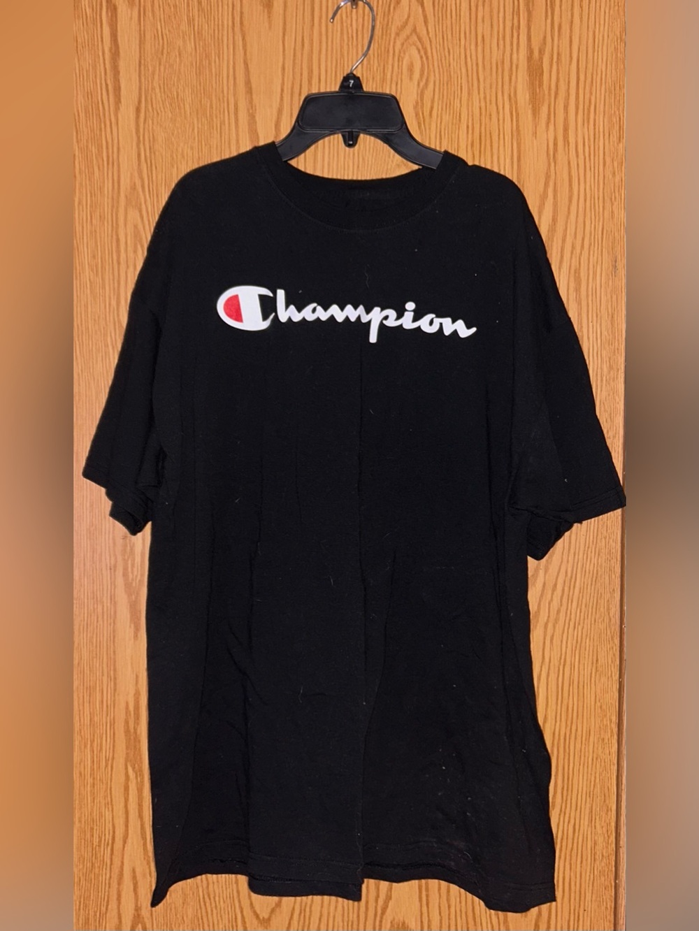 Champion Black Tee with White Script and Red Accent